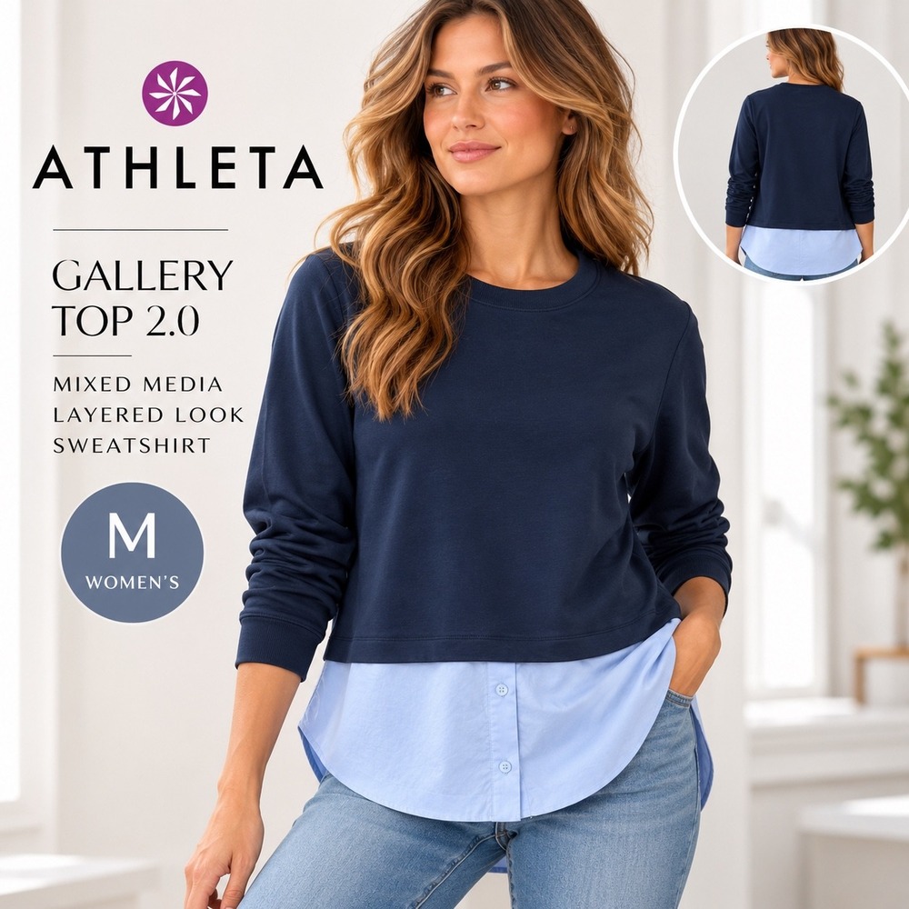Athleta Gallery Top 2.0 Pullover Women M Navy Blue Mixed Media Layered Shirttail